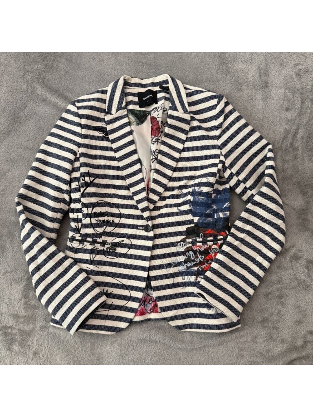 Desigual Navy & White Striped Blazer with Graphic Accents